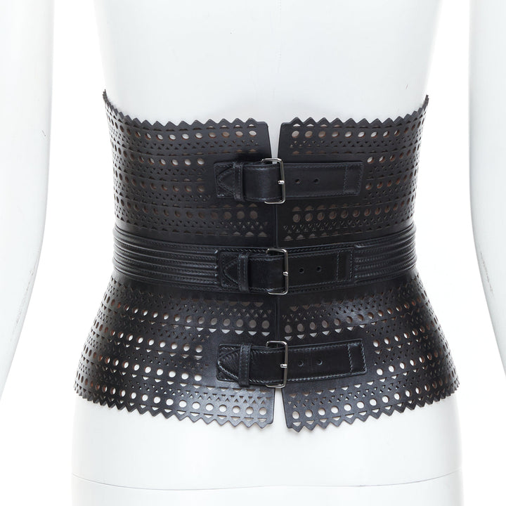ALAIA Black Vienne openwork laser cut triple buckle leather corset belt 65cm