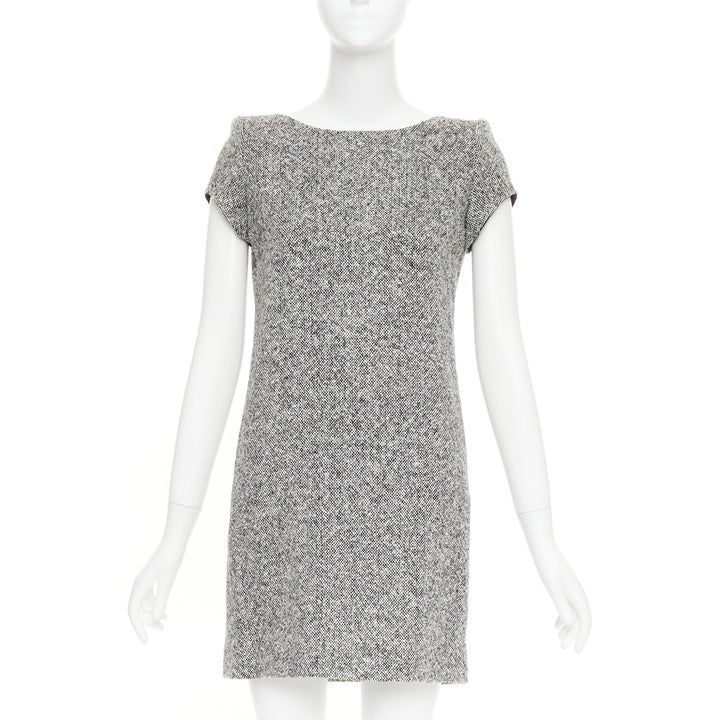 SAINT LAURENT 2013 grey boucle wool tweed silk padded shoulder dress FR36 S