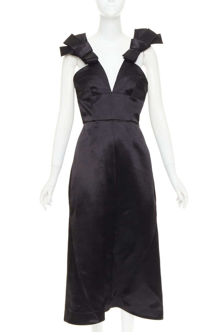 JIL SANDER black shiny satin bow detail V-neck sleeveless midi dress FR38 M