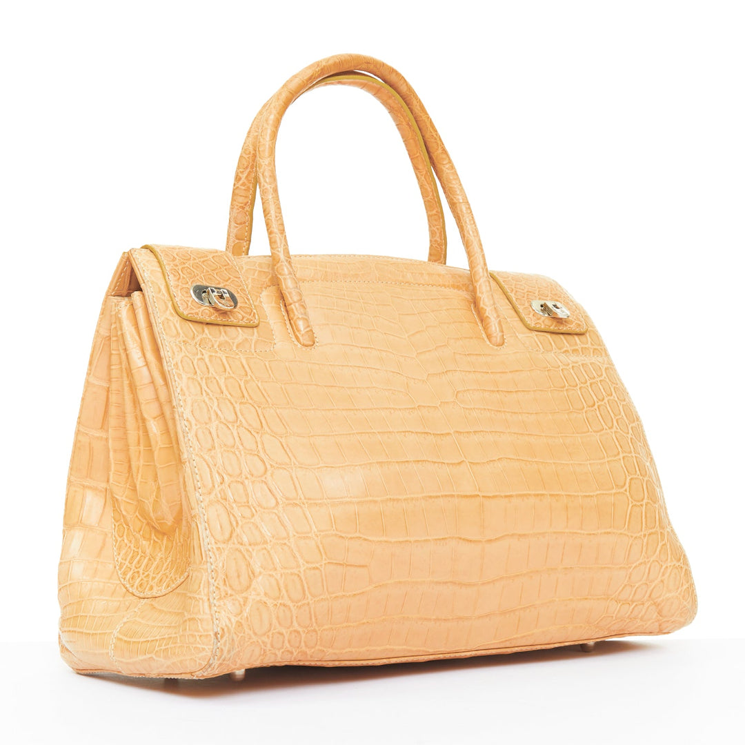 KWANPEN beige croc leather silver turnlock top handle executive tote bag