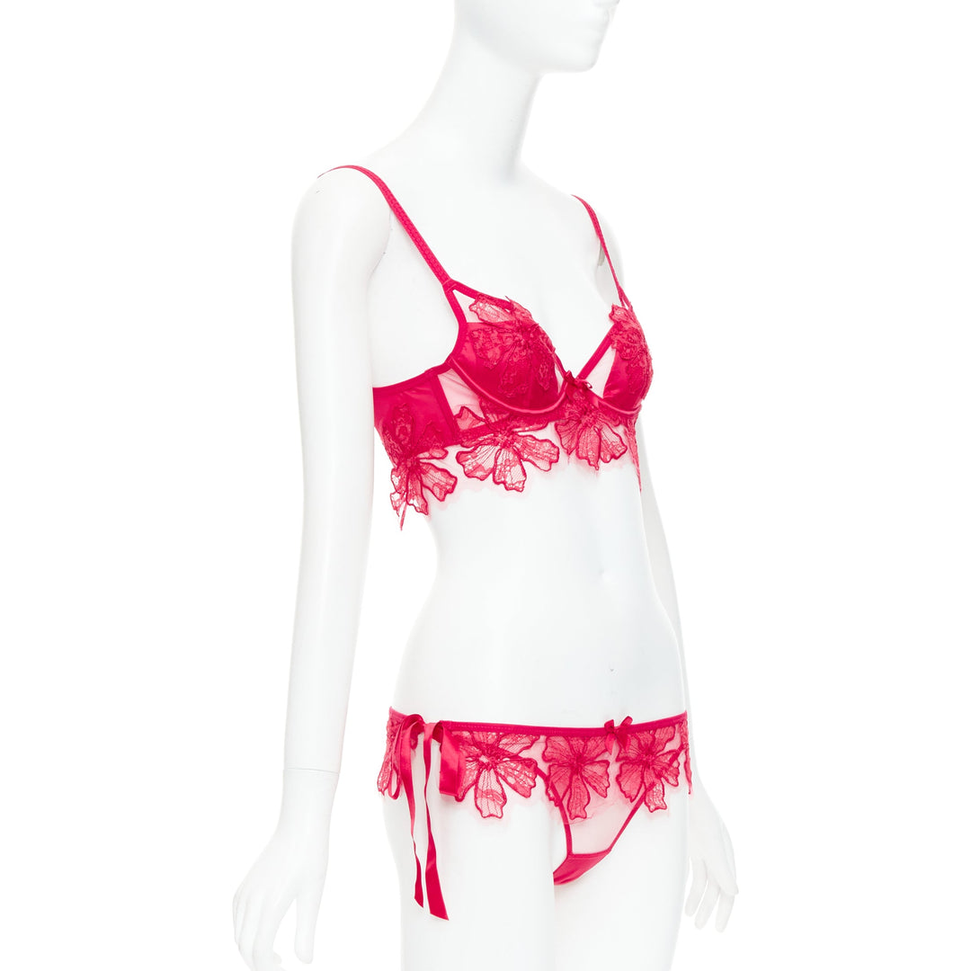 AGENT PROVOCATEUR Serephina red floral lace cotton trim bow lingerie set 86B M