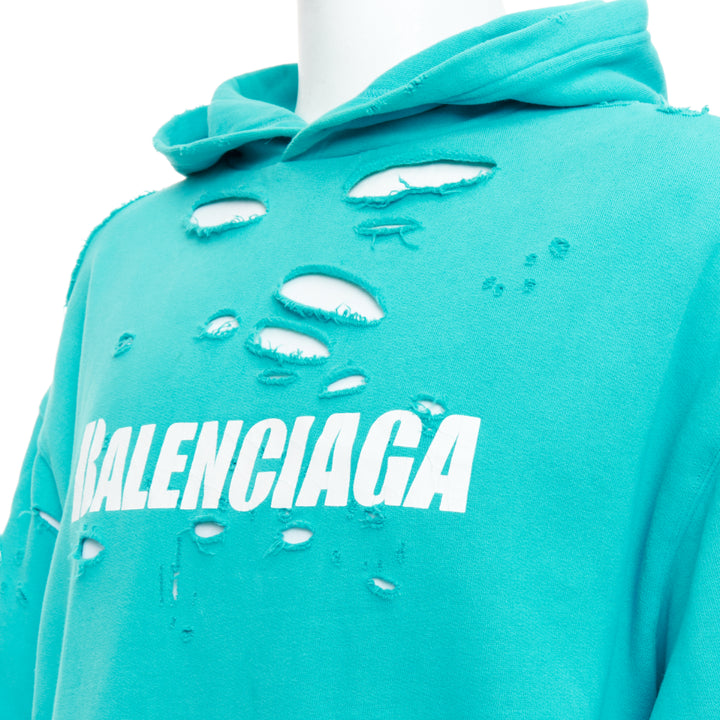 BALENCIAGA Demna 2020 teal destroyed ripped layered logo hoodie S