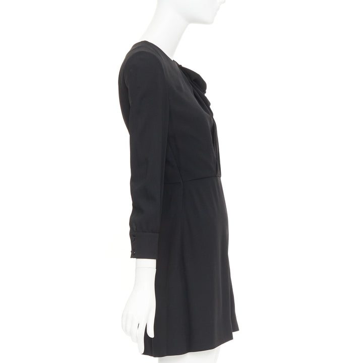 SAINT LAURENT 2014 black crepe draped bow front pleated  mini dress FR36 S