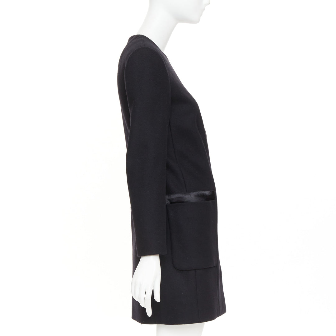 THE ROW black virgin wool blend collarless zip long coat US2 S