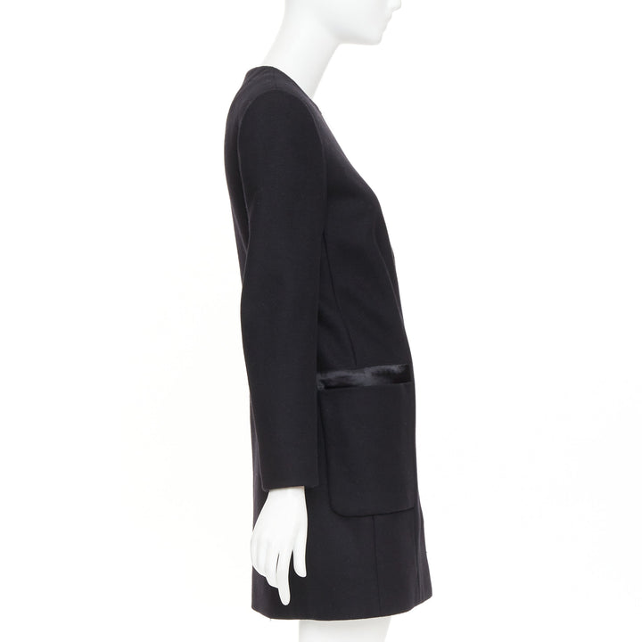 THE ROW black virgin wool blend collarless zip long coat US2 S
