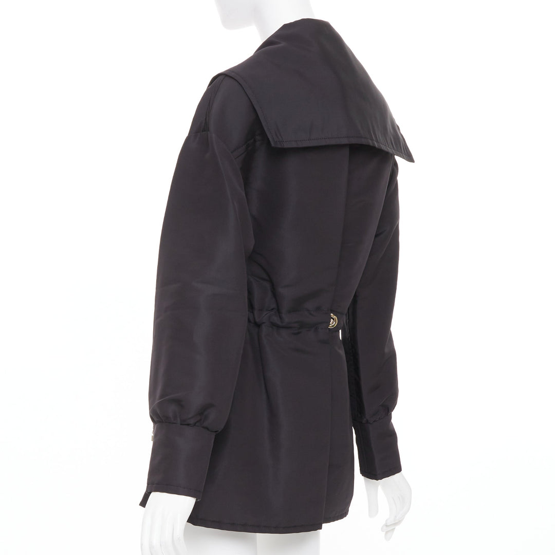 CHANEL 2023 black silk flap pocket gold chain drawstring utility jacket FR34 XS