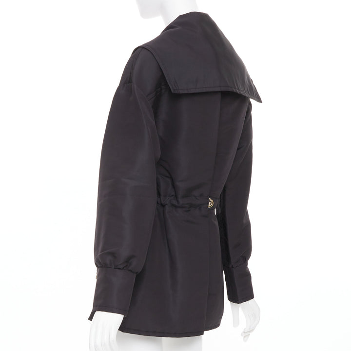 CHANEL 2023 black silk flap pocket gold chain drawstring utility jacket FR34 XS
