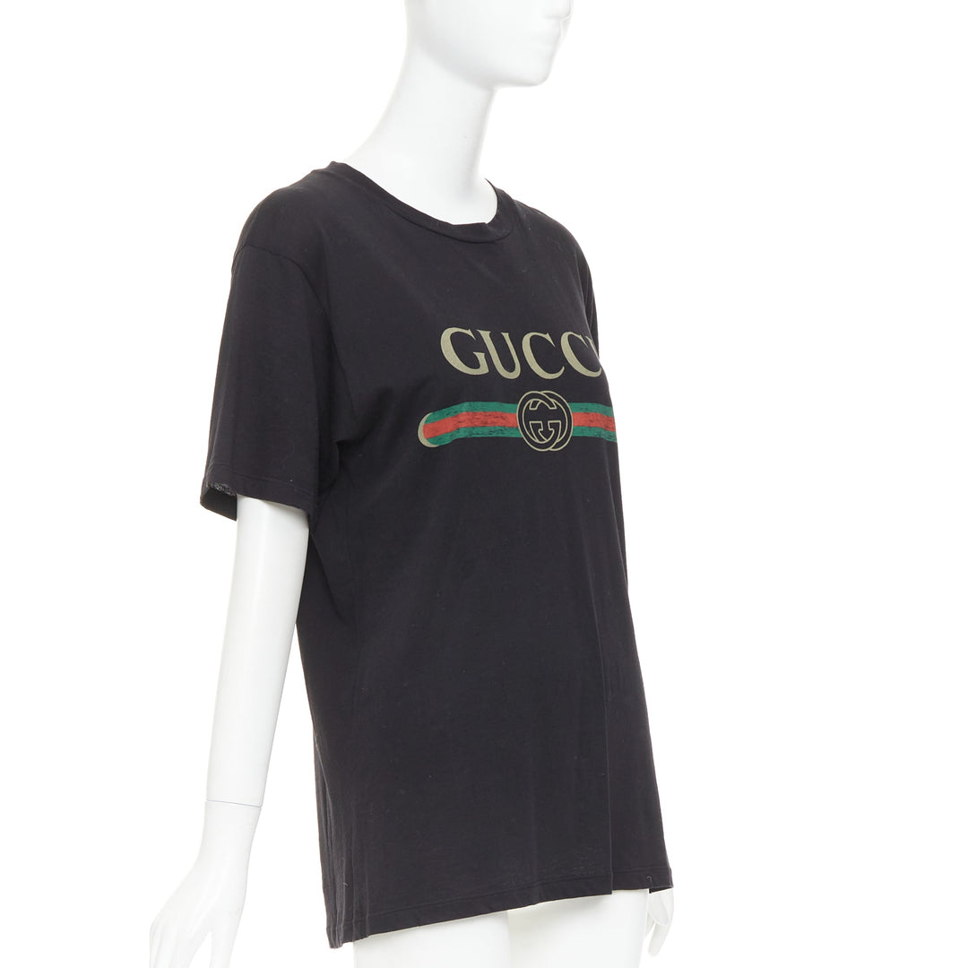 GUCCI Alessandro Michele  Vintage Web GG black washed embroidery tshirt XXS