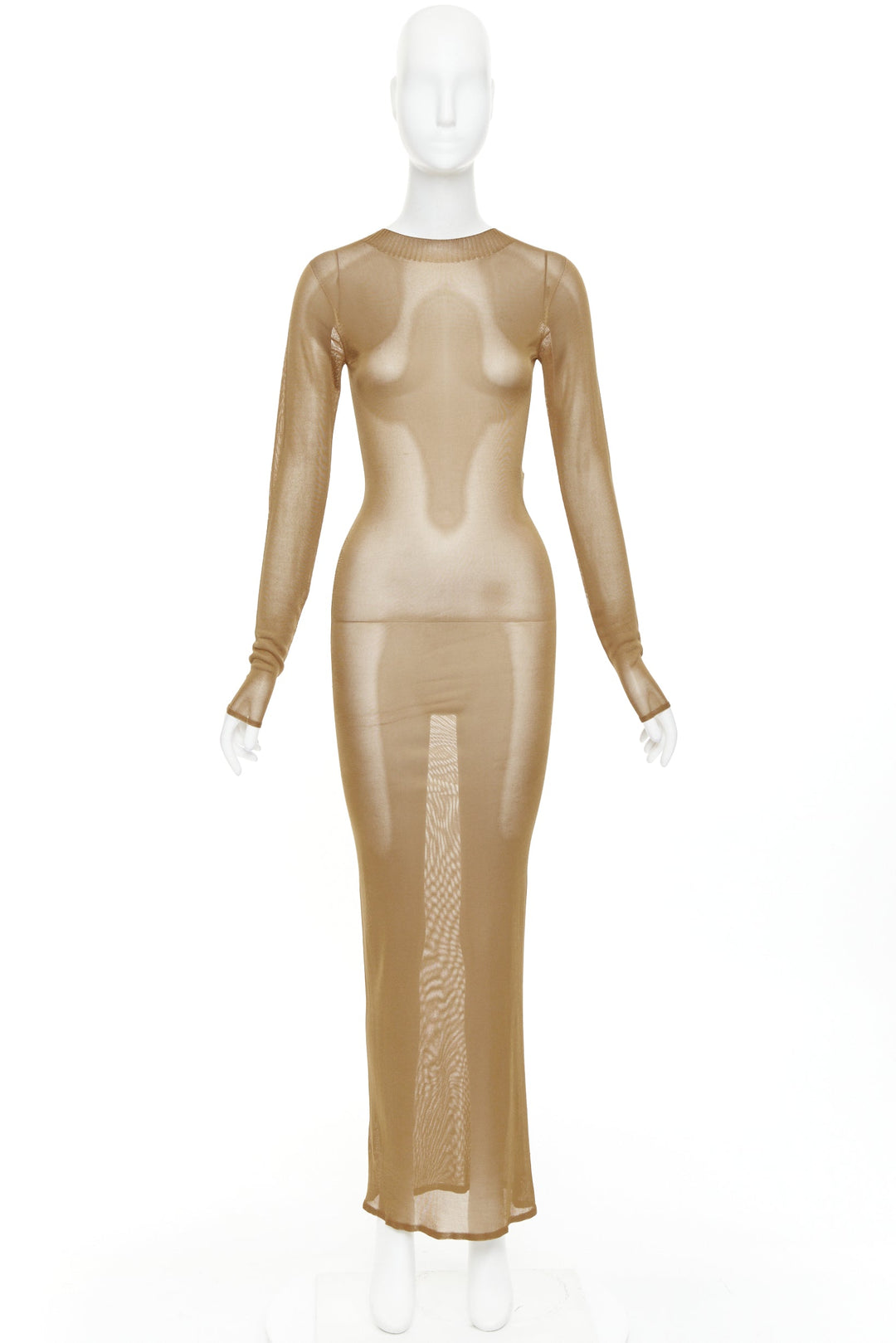 SAINT LAURENT 2023 Runway gold brown high neck fine knit sheer  maxi dress XS