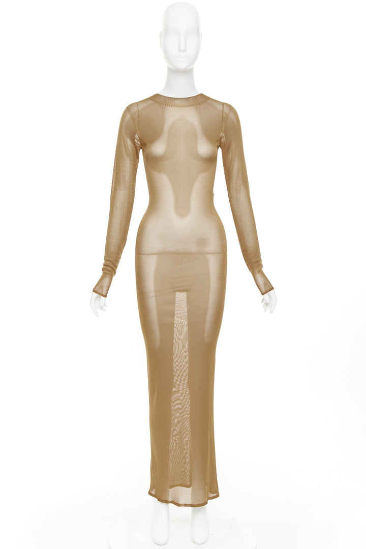 SAINT LAURENT 2023 Runway gold brown high neck fine knit sheer  maxi dress XS