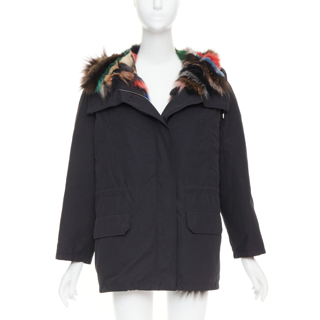 Black cotton detachable multicolour fox fur lined parka coat IT36 XXS