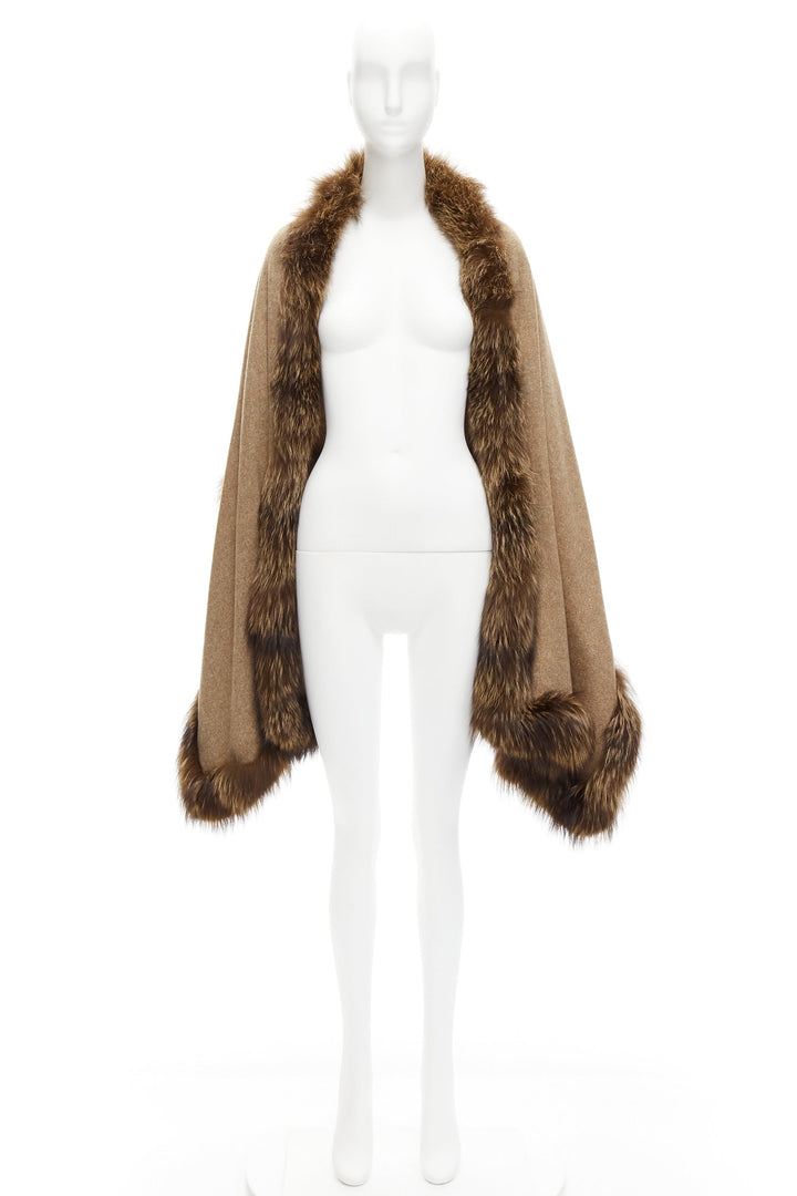 NO BRAND brown real fur trim soft wool rectangular shawl scarf