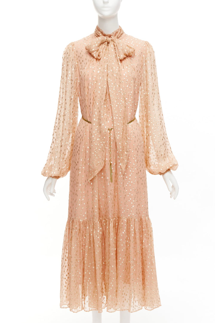 ZIMMERMANN pink gold silk lurex chiffon bow tie neck ethereal dress Size 1 XS