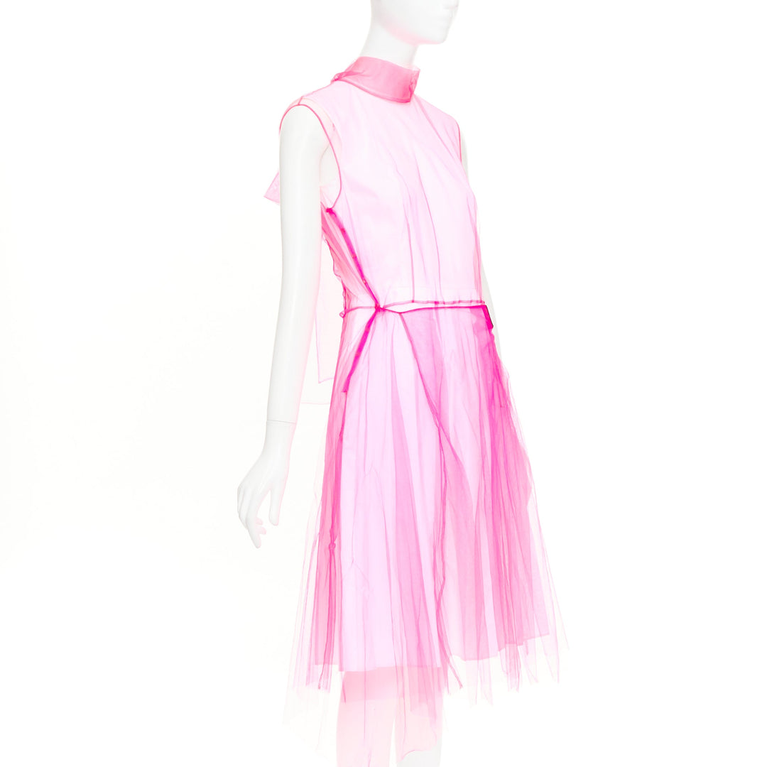 PRADA 2018 Runway Neon Technical  Tulle Abito pink rubber logo dress IT38 XS