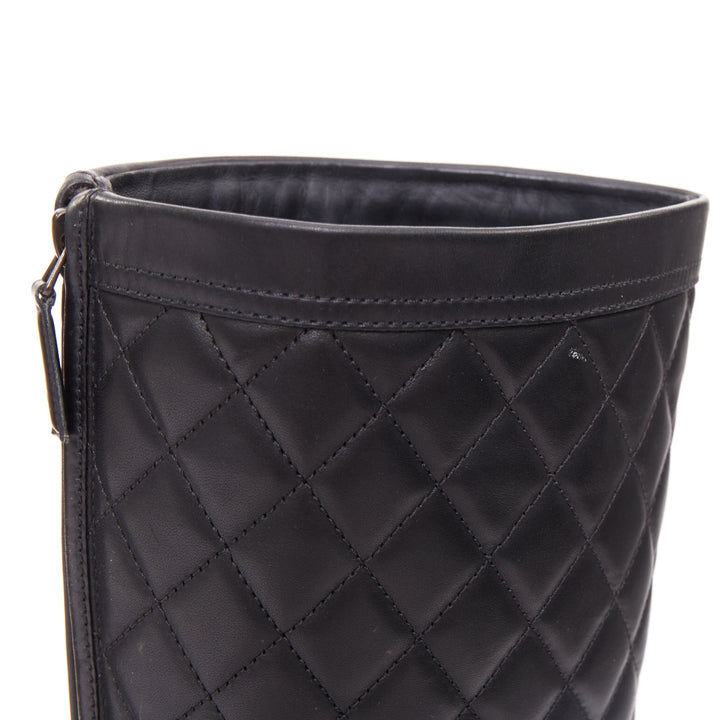 CHANEL black leather quilted CC logo stamp round toe riding boots EU38