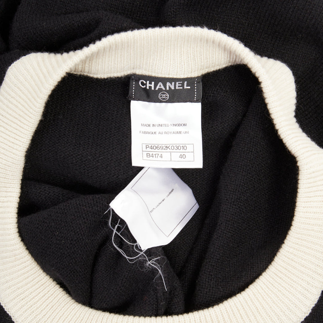 CHANEL black 100% cashmere white contrast trim CC button pocket pullover FR40 L