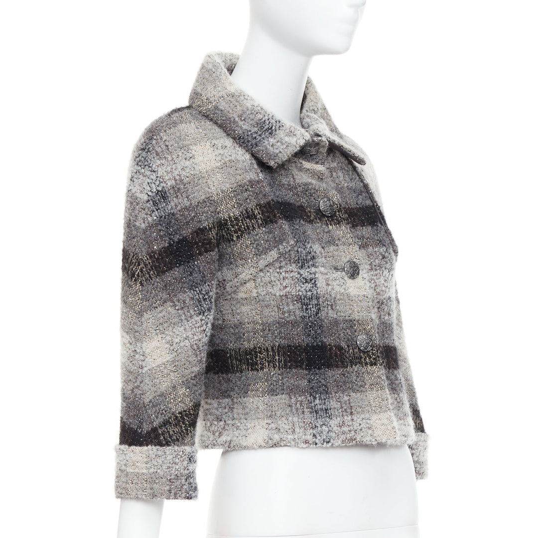 CHANEL 18B Fantasy tweed grey checked sequinned wool crop jacket FR38 M