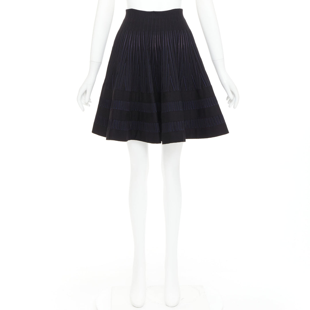 ALAIA navy black virgin wool silk blend high waist flared knitted skirt IT36 XXS