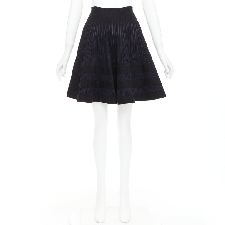 ALAIA navy black virgin wool silk blend high waist flared knitted skirt IT36 XXS