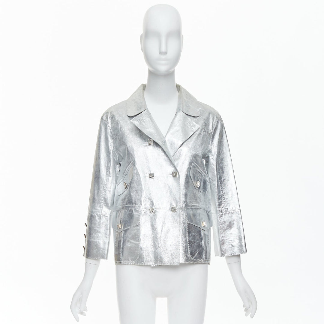 LOUIS VUITTON Marc Jacobs metallic silver leather crystal button jacket FR36 S