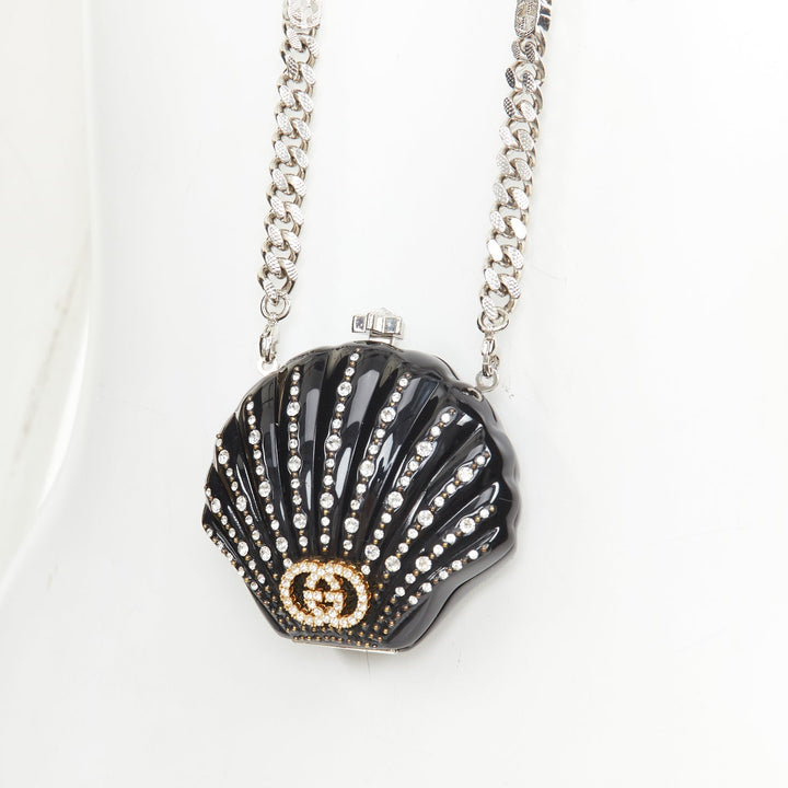 GUCCI 2019 Runway black resin crystal shell Interlocking G minaudiere nano bag