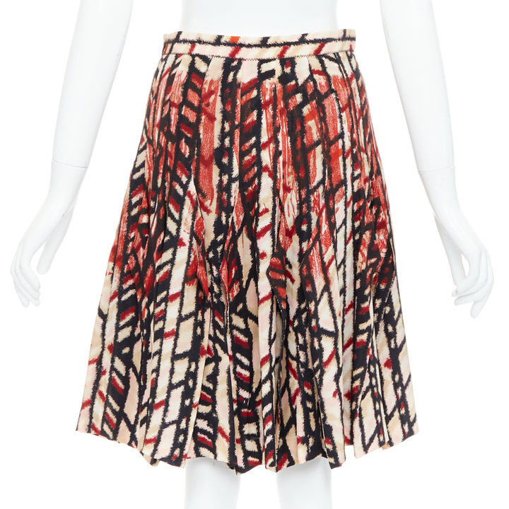 BOTTEGA VENETA 100% silk  red black abstract print pleated knee skirt IT38 XS