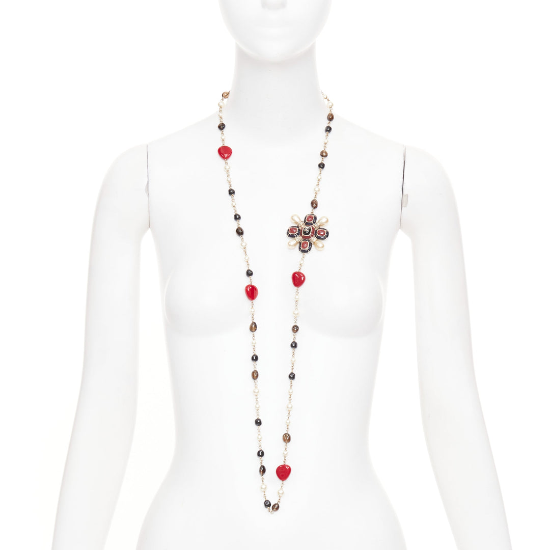 CHANEL A14C black red gripoix enamel Maltese cross CC pearl sautoir necklace