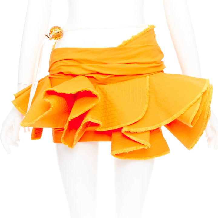 JACQUEMUS 2023 Runway La Jupe Artichaut orange ruffled frayed mini skirt FR34 XS
