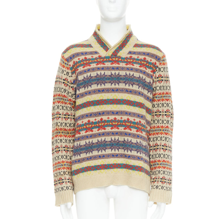 DRIES VAN NOTEN beige striped fairisle shetland wool sweater L