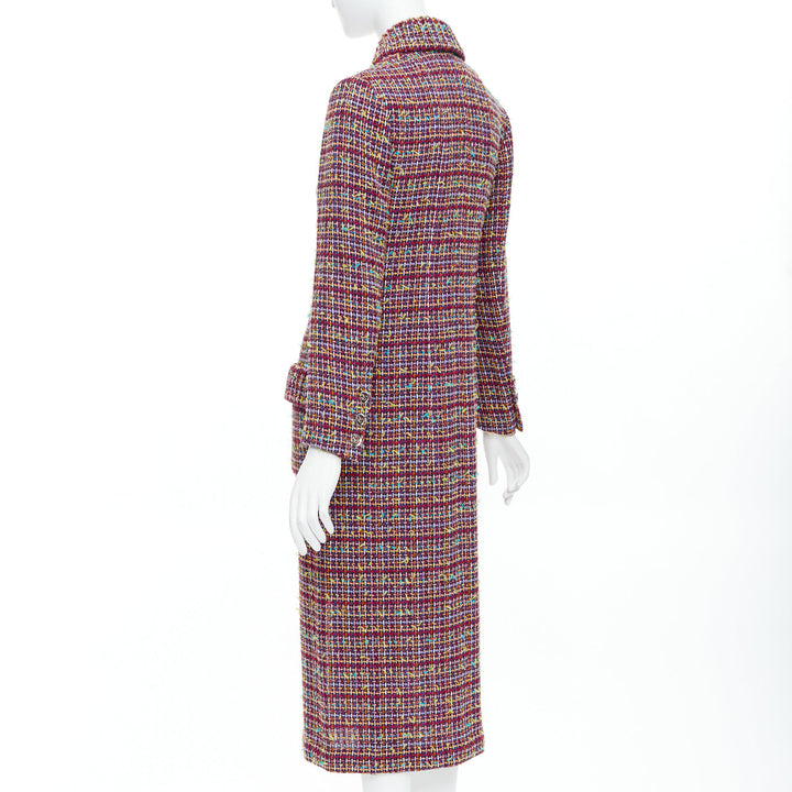 CHANEL 2023 Runway pink yellow multicolor tweed  CC button long coat FR36 S