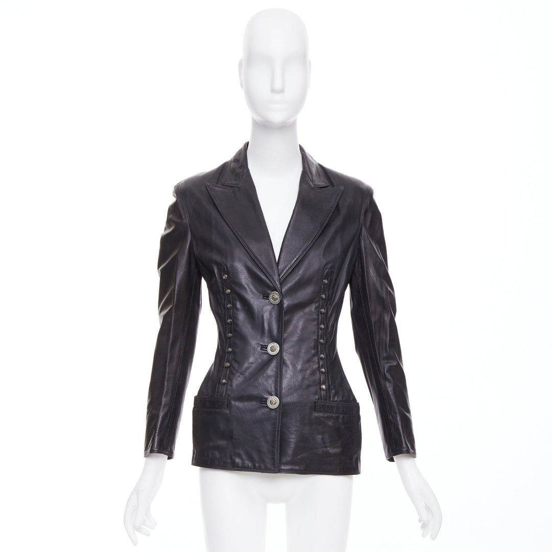 GIANNI VERSACE 1995 Vintage black lambskin silver Medusa hourglass jacket IT40 S