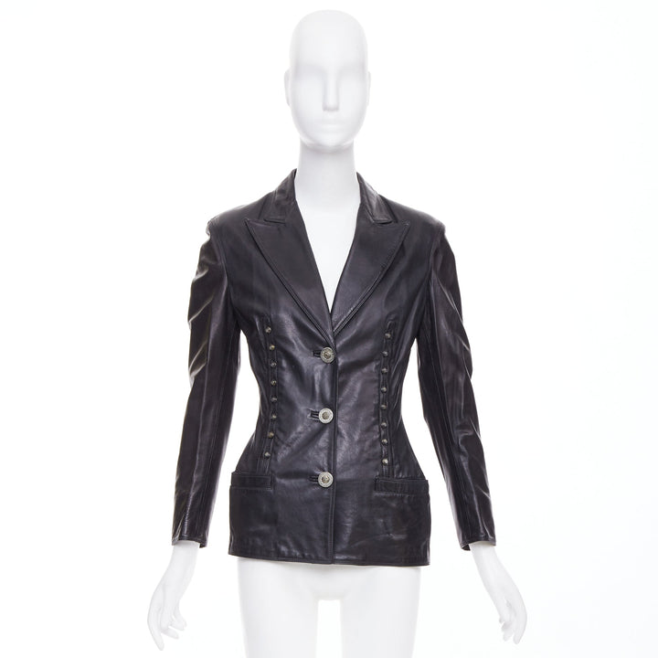 GIANNI VERSACE 1995 Vintage black lambskin silver Medusa hourglass jacket IT40 S