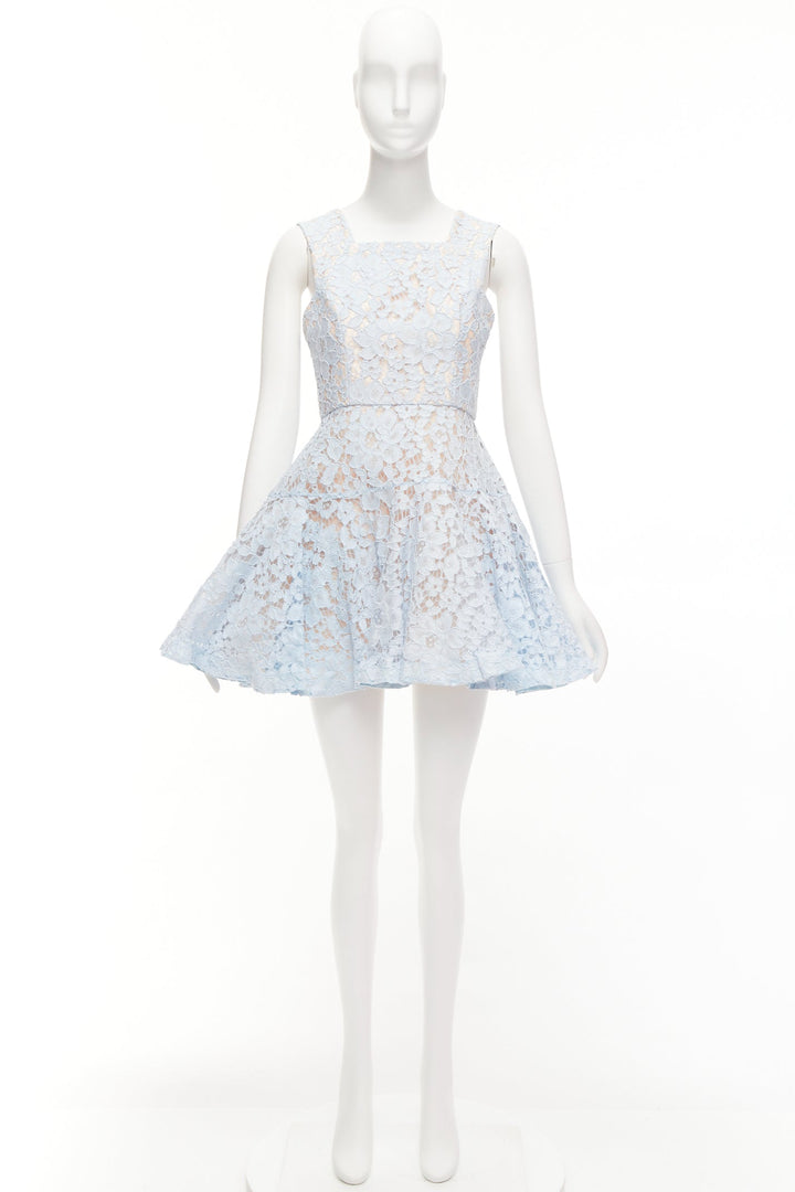 ALEX PERRY Kea powder blue lace full tulle fit flared dress UK8 S