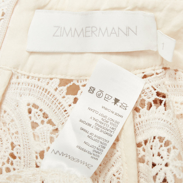 ZIMMERMANN Amari cream paisley floral lace cotton lined peasant dress Sz1 S