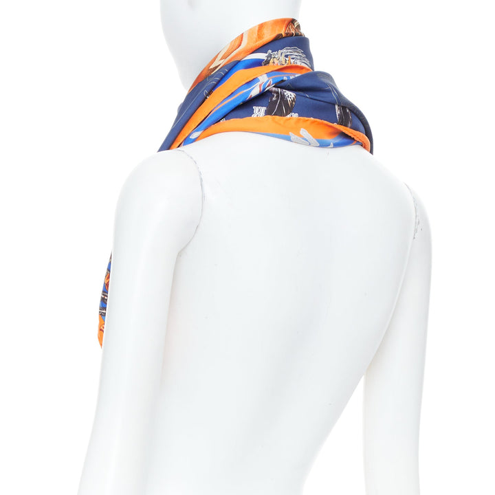 HERMES Pani La Shar Pawnee 90 Silk Twill orange royal blue square scarf