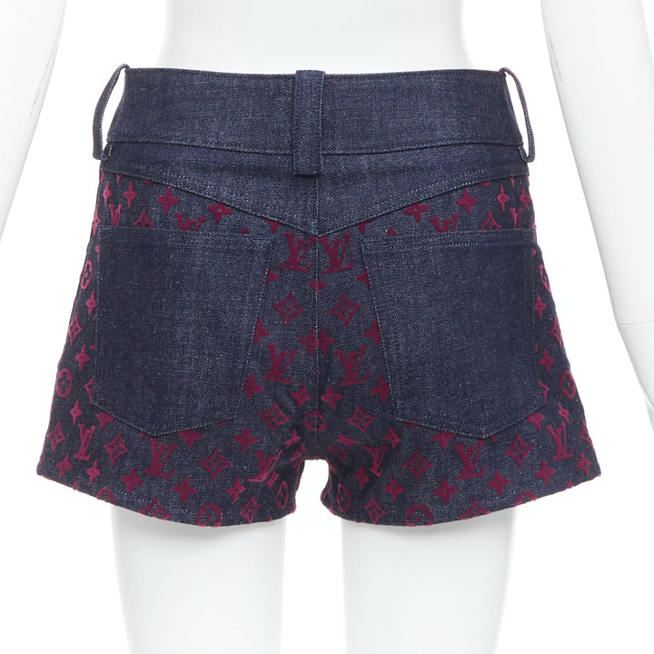 LOUIS VUITTON Flocked Monogram burgundy blue monogram denim shorts XS