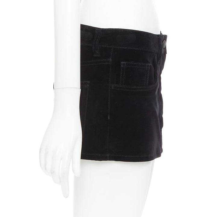 PRADA 2023 black velvet denim silver triangle logo low rise mini skirt IT40 S