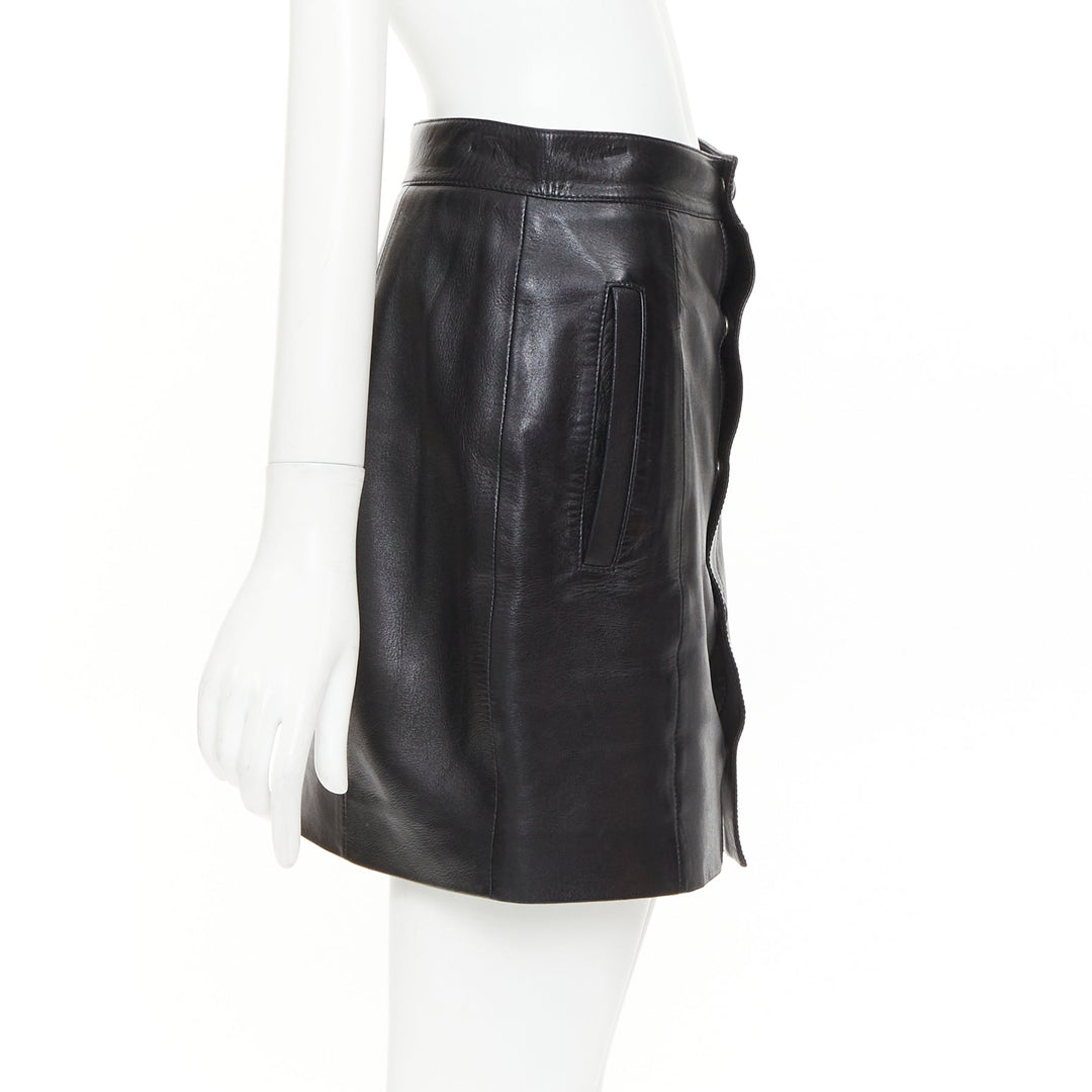 SAINT LAURENT 2018 black lambskin leather snap button mini skirt FR38 M