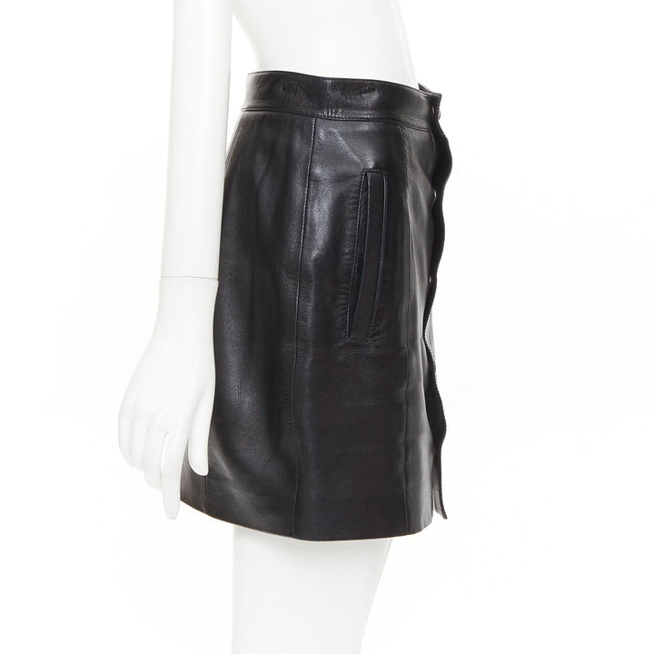 SAINT LAURENT 2018 black lambskin leather snap button mini skirt FR38 M