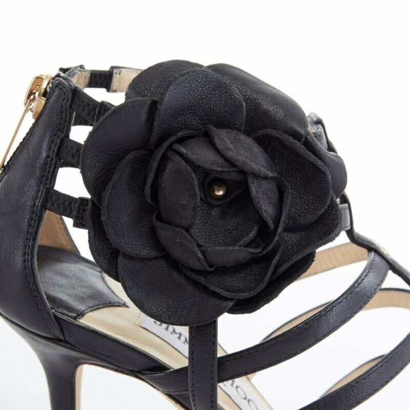JIMMY CHOO black leather flower brooch caged strappy heel sandals EU35.5 US5.5
