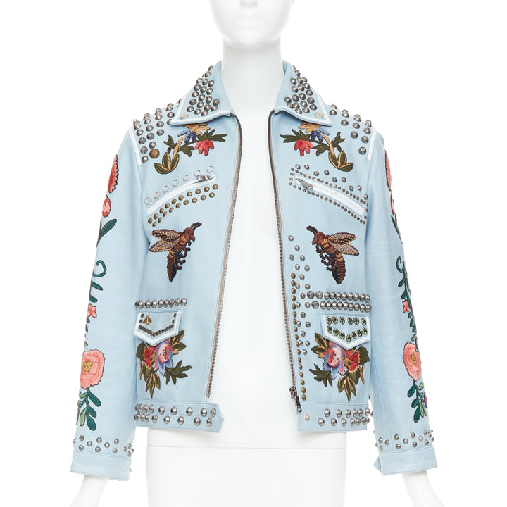 GUCCI Michele 2016 Runway blue bee floral embroidery studded jacket IT38 XS