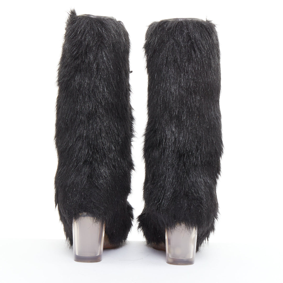 CHANEL 2010 Runway black Yeti faux fur silver CC clear iceberg heel boots EU38.5