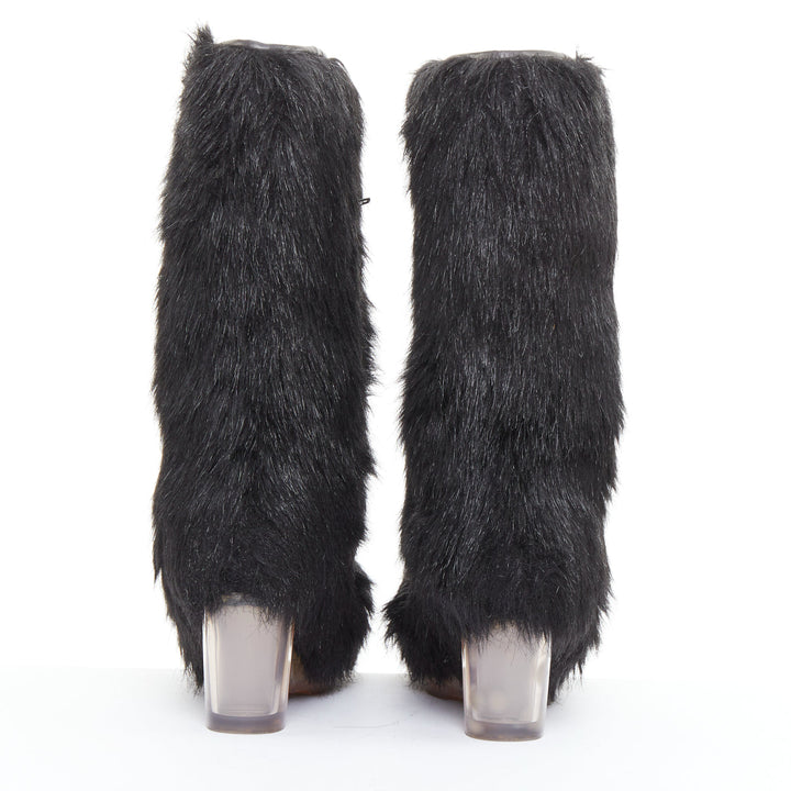 CHANEL 2010 Runway black Yeti faux fur silver CC clear iceberg heel boots EU38.5