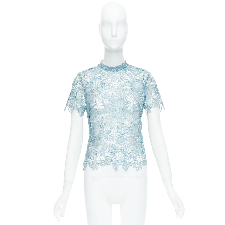 SELF PORTRAIT Guipure sky blue lace open-back scallop top UK6 XS