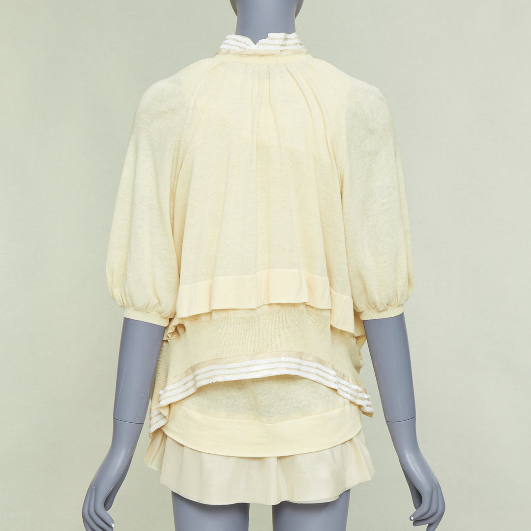 SACAI 2007 yellow cotton white sequin trim cardigan sweater vest twin set JP2 M