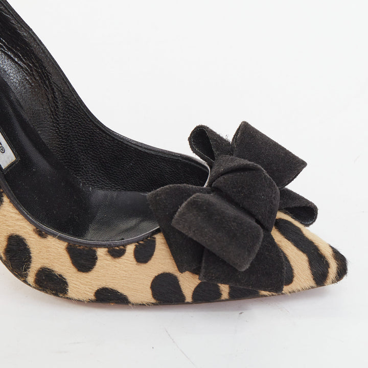 MANOLO BLAHNIK Vintage leopard print calf hair suede bow pointed toe pumps EU37