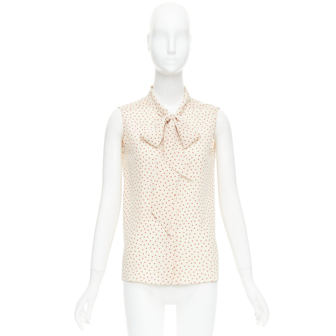 OLD CELINE Phoebe Philo cream red micro heart pussy bow neck tie blouse FR36 S