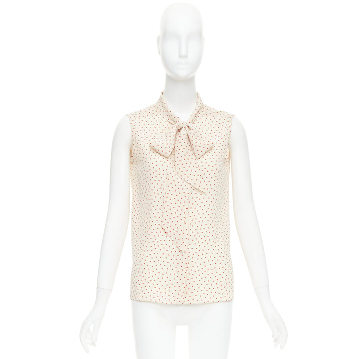 OLD CELINE Phoebe Philo cream red micro heart pussy bow neck tie blouse FR36 S