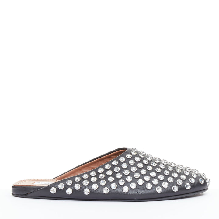 ALAIA Crystal Slide On black leather clear strass embellished flat mule EU38
