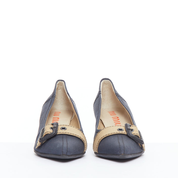 MIU MIU Vintage navy fabric nude buckle strap kitten pumps EU36.5